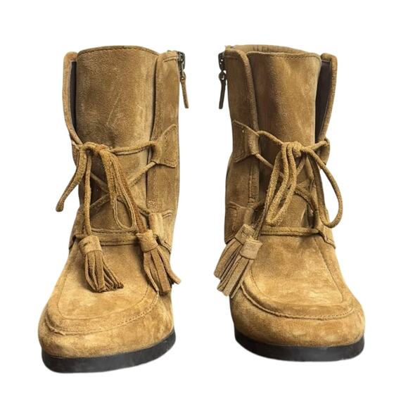 Women’s Franco Sarto Camel Brown Leather Wedge Bootie Heel Boots - Size 7.5 - Picture 2 of 5